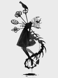 Rule 34 | 1girl, animal, bird, bleeding, blood, blood from mouth, bone tail, carriann000, chinese commentary, crow, curled horns, dress, earclip, earrings, floating, from side, full body, high heels, highres, horns, impaled, injury, jewelry, key, lace, lace-trimmed dress, lace-trimmed sleeves, lace trim, long sleeves, looking at animal, looking up, monochrome, original, oversized object, pantyhose, pointy ears, profile, short hair, simple background, spikes, sword, weapon