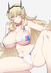 Rule 34 | 1girl, abs, absurdres, barghest (fate), barghest (swimsuit archer) (fate), bikini, blonde hair, blush, breasts, cleavage, closed mouth, commentary request, es es vril es, fate/grand order, fate (series), green eyes, hand up, heterochromia, highres, huge breasts, long hair, looking at viewer, muscular, muscular female, navel, simple background, solo, spread legs, squatting, swimsuit, two-tone eyes, white background, white bikini
