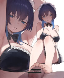 1boy 1girl absurdres alternate_costume armpits arms_up bar_censor barefoot bikini bikini_top_only black_bow black_bowtie black_skirt blue_eyes blue_hair blush bow bowtie breasts bridal_garter censored choker colored_inner_hair commentary disgust double-parted_bangs footjob frilled_bikini_top frilled_choker frilled_skirt frills gradient_hair hair_between_eyes hair_intakes halterneck hetero highres hololive hololive_english large_breasts looking_at_viewer maid maid_bikini maid_headdress medium_hair miniskirt multicolored_hair multiple_views ouro_kronii parted_lips penis simple_background skirt solo_focus swimsuit theflatfacadeds toes unconventional_maid virtual_youtuber white_background white_choker