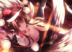 Rule 34 | 1girl, bird wings, black thighhighs, black wings, breasts, brown hair, downblouse, feathers, female focus, flying, from above, hat, hat ribbon, highres, large breasts, looking at viewer, mountain, omo (utakatadice), open clothes, open shirt, pink eyes, pointy ears, pom pom (clothes), ribbon, shameimaru aya, shirt, skirt, solo, sunset, thighhighs, tokin hat, touhou, upside-down, wings, zettai ryouiki