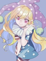 Rule 34 | 1girl, american flag dress, american flag legwear, blonde hair, blue dress, closed mouth, clownpiece, commentary request, dress, happy, hat, highres, jester cap, lily-an, long hair, neck ruff, pantyhose, polka dot headwear, purple eyes, purple hat, red dress, short sleeves, smile, solo, star (symbol), star print, striped clothes, striped dress, striped pantyhose, touhou, very long hair, white dress