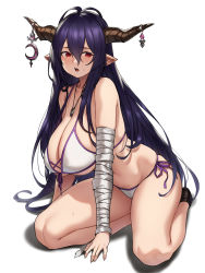 Rule 34 | 1girl, antenna hair, bandaged arm, bandages, bare shoulders, bikini, blush, breasts, cleavage, danua, granblue fantasy, hair between eyes, highres, horn ornament, horns, houtengeki, jewelry, kneeling, large breasts, long hair, looking at viewer, necklace, open mouth, pointy ears, purple hair, red eyes, simple background, swimsuit, white background