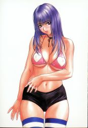 Rule 34 | bikini, bikini top only, blush, breasts, choker, cleavage, covered erect nipples, cowboy shot, halterneck, highres, huge breasts, inoue takuya, long hair, midriff, pink bikini, pink eyes, purple hair, short shorts, shorts, simple background, solo, striped clothes, striped thighhighs, swimsuit, thighhighs, white background