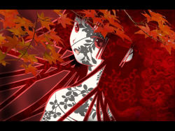 Rule 34 | 00s, autumn, blunt bangs, colored eyelashes, enma ai, flat color, hime cut, jigoku shoujo, leaf, letterboxed, long hair, maple leaf, monochrome, red eyes, red hair, red theme, screencap, solo, wallpaper