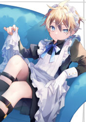 Rule 34 | 1boy, apron, apron hold, black dress, black socks, blonde hair, blue bow, blue eyes, bow, commentary request, couch, crossdressing, dress, feet out of frame, frilled apron, frills, gloves, hair between eyes, half-closed eye, juliet sleeves, kagamine len, kuroi (liar-player), long sleeves, maid, maid apron, maid headdress, male focus, male maid, on couch, puffy sleeves, single glove, socks, solo, twitter username, uneven eyes, vocaloid, white apron, white background, white gloves