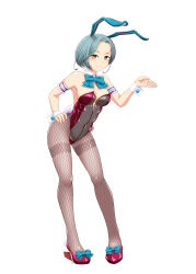 Rule 34 | 1girl, adapted costume, alternate costume, animal ears, aqua bow, aqua bowtie, bare shoulders, bow, bowtie, breasts, detached collar, fake animal ears, female focus, fishnet pantyhose, fishnets, forehead, full body, grey hair, hand on own hip, high heels, highres, kantai collection, leotard, looking at viewer, medium breasts, moke ro, mole, mole on neck, pantyhose, playboy bunny, purple footwear, purple leotard, rabbit ears, rabbit tail, shiny clothes, shoes, short hair, simple background, smile, solo, standing, strapless, strapless leotard, swept bangs, tail, tamanami (kancolle), thighband pantyhose, wrist cuffs, yellow eyes