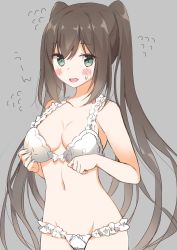 Rule 34 | 1girl, bad id, bad pixiv id, bare arms, bare shoulders, blush, blush stickers, bow, bow bra, bow panties, bra, breasts, brown hair, collarbone, flying sweatdrops, green eyes, grey background, groin, hair between eyes, long hair, looking at viewer, navel, open mouth, original, oversized clothes, panties, simple background, small breasts, solo, sweat, twintails, underwear, underwear only, very long hair, white bra, white panties, yadapot