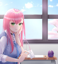 Rule 34 | 1girl, absurdres, anchor necklace, azur lane, black choker, blue necktie, blue sky, blue sweater, blush, book, breasts, cherry blossoms, choker, classroom, closed mouth, cloud, collared shirt, commentary request, day, desk, green eyes, hair between eyes, hair ornament, hairclip, head rest, highres, holding, holding paper, indoors, jewelry, konparu uran, large breasts, long hair, looking at viewer, memphis (a breath of fresh air) (azur lane), memphis (azur lane), necklace, necktie, official alternate costume, open book, paper, pen, pencil case, pink hair, school desk, school uniform, shirt, sidelocks, sitting, sky, sleeves rolled up, smile, solo, sweater, sweater vest, translation request, tree, upper body, white shirt, window