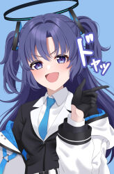Rule 34 | 1girl, black gloves, blue archive, blue background, blue necktie, blush, collared shirt, gloves, halo, highres, jacket, long hair, long sleeves, looking at viewer, mechanical halo, necktie, open clothes, open jacket, open mouth, purple eyes, purple hair, shirt, simple background, smile, solo, two side up, upper body, white jacket, white shirt, yoshiki 3821, yuuka (blue archive)