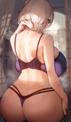 Rule 34 | 1girl, absurdres, alicia renato (yashiro sousaku), ass, bare shoulders, bra, breasts, butt crack, commission, curtains, from behind, hand in own hair, highres, huge breasts, indoors, looking to the side, marse (rokudaime), original, shelf, short hair, sitting, solo, thong, underwear, white hair, wide sleeves