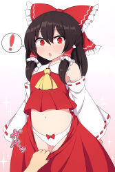 Rule 34 | !, 1girl, :o, ascot, assisted exposure, bow, brown hair, cleft of venus, clothes pull, crop top, detached sleeves, dress, frilled bow, frilled hair tubes, frills, gauge, hair bow, hair tubes, hakama, hakama skirt, hakurei reimu, japanese clothes, long hair, looking at viewer, midriff, miko, navel, open mouth, paid reward available, panties, pantsing, pink background, pulling another&#039;s clothes, red bow, red dress, red eyes, red hakama, red shirt, red skirt, ribbon, ribbon-trimmed sleeves, ribbon trim, rizento, shirt, sidelocks, simple background, skirt, skirt pull, skirt set, solo, sparks, surprised, touhou, underwear, white panties, white sleeves, wide sleeves