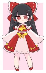 Rule 34 | 1girl, ascot, bare legs, bare shoulders, black hair, blunt bangs, border, bow, chibi, commentary request, crop top, detached sleeves, frilled bow, frills, full body, hair bow, hair tubes, hakurei reimu, highres, legs apart, long hair, long sleeves, looking at viewer, midriff, navel, op na yarou, outside border, pink background, red bow, red eyes, red skirt, red vest, simple background, skirt, skirt set, sleeves past fingers, sleeves past wrists, smile, solo, standing, touhou, vest, white border, yellow ascot, yellow bow