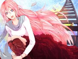 Rule 34 | :o, blue eyes, boots, bracelet, grey scarf, jewelry, long hair, megurine luka, paper, pink hair, red dress, red footwear, scarf, skirt, thighhighs, vocaloid, white shirt