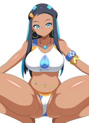 Rule 34 | 1girl, absurdres, aikome (haikome), aqua hair, armband, armlet, bare legs, bikini, blue eyes, blue hair, breasts, cameltoe, cleavage, commentary, creatures (company), crop top, dark-skinned female, dark skin, earrings, eyelashes, eyeshadow, game freak, gluteal fold, groin, hair bobbles, hair ornament, highres, hoop earrings, jewelry, large breasts, long hair, looking at viewer, makeup, midriff, multicolored hair, navel, necklace, nessa (pokemon), nintendo, partially visible vulva, pendant, pokemon, pokemon swsh, simple background, solo, spread legs, squatting, swimsuit, tank top, thick thighs, thighs, two-tone hair, white background, white bikini, white tank top