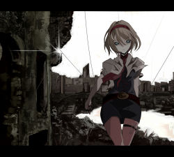 Rule 34 | 1girl, alice margatroid, bad id, bad pixiv id, blonde hair, blue eyes, city, facing viewer, female focus, glaring, hairband, head tilt, letterboxed, makai no juumin, necktie, needle, puppet rings, puppet strings, reflection, ring, ruins, serious, short hair, skirt, solo, standing, string, thigh gap, thigh strap, thighs, touhou, water