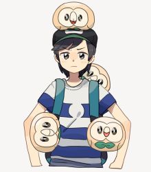Rule 34 | 1boy, animal, animal on head, animal on shoulder, backpack, bad id, bad twitter id, bag, baseball cap, black hair, carrying, carrying under arm, creatures (company), cropped torso, elio (pokemon), game freak, gen 7 pokemon, grey background, grey eyes, hat, male focus, maple (abc2215), nintendo, on head, pokemon, pokemon (creature), pokemon on head, pokemon sm, rowlet, shirt, short hair, simple background, striped clothes, striped shirt, t-shirt
