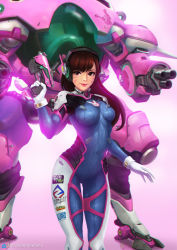 Rule 34 | 1girl, acronym, arched back, arm cannon, armor, bodysuit, boots, bracer, breasts, brown eyes, brown hair, blowing bubbles, character name, chewing gum, closed mouth, covered navel, cowboy shot, cube, d.va (overwatch), emblem, eyebrows, facepaint, facial mark, from behind, gatling gun, gloves, gun, hand up, handgun, headphones, heart, heart-shaped pupils, holding, holding gun, holding weapon, hologram, legs apart, lips, lipstick, logo, long hair, long sleeves, looking at viewer, looking back, makeup, mecha, medium breasts, meka (overwatch), overwatch, overwatch 1, pauldrons, pilot suit, pink lips, ribbed bodysuit, robot, shoulder armor, shoulder pads, skin tight, sky, solo, space, star (sky), starry sky, symbol-shaped pupils, thigh boots, thigh gap, thigh strap, thighhighs, trigger discipline, turtleneck, watermark, weapon, web address, whisker markings, white footwear, white gloves