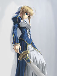 Rule 34 | 00s, 1girl, ahoge, artoria pendragon (fate), blonde hair, blue eyes, dress, excalibur (fate/stay night), fate/stay night, fate (series), nakayama yukiji, saber (fate), solo, sword, weapon
