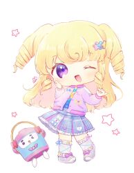 Rule 34 | 1girl, ;d, blonde hair, chibi, commentary request, full body, hair ornament, hand on own cheek, hand on own face, hands up, highres, idol time pripara, jacket, long hair, long sleeves, looking at viewer, one eye closed, open mouth, pink jacket, pleated skirt, pretty series, pripara, purple eyes, purple footwear, purple skirt, rice cooker, rin (ikura meshi), ringlets, shoes, skirt, smile, socks, solo, standing, star (symbol), star hair ornament, takki (pripara), two side up, white background, yumekawa yui
