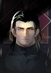 Rule 34 | 1boy, angeal hewley, armor, black facial hair, black hair, black shirt, blue eyes, bright pupils, collarbone, commentary, crisis core final fantasy vii, day, english commentary, english text, facial hair, final fantasy, final fantasy vii, hair slicked back, highres, indoors, looking at viewer, male focus, medium hair, muscular, muscular male, pauldrons, s sohwagi s, serious, shirt, shoulder armor, skin tight, solo, turtleneck, turtleneck shirt, upper body