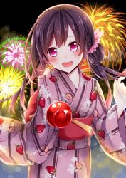 Rule 34 | 1girl, :d, aerial fireworks, black hair, blurry, blush, braid, candy apple, commentary request, cowboy shot, depth of field, fireworks, floral print, food, food print, hair ornament, hair scrunchie, hand up, head tilt, highres, holding, japanese clothes, kimono, long hair, long sleeves, looking at viewer, nanase eka, night, night sky, obi, open mouth, original, pink eyes, pink kimono, pink scrunchie, print kimono, sash, scrunchie, side ponytail, sidelocks, sky, smile, solo, strawberry print, teeth, upper teeth only, wide sleeves, yukata
