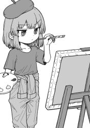 Rule 34 | 1girl, alternate costume, beret, canvas (object), closed mouth, greyscale, hat, highres, holding, holding paintbrush, holding palette, monochrome, oninamako, paintbrush, painting (action), palette (object), pants, remilia scarlet, shirt, short hair, simple background, slit pupils, solo, touhou