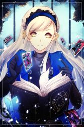 Rule 34 | 10s, 1girl, black hair, blonde hair, bug, butterfly, elbow gloves, gloves, hairband, headband, highres, bug, lavenza (persona 5), long hair, persona, persona 5, spoilers, yellow eyes