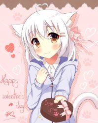Rule 34 | 1girl, ahoge, animal ears, blush, border, bow, box, brown eyes, cat ears, cat girl, cat tail, closed mouth, collared shirt, english text, hair between eyes, hair bow, hair ornament, hairclip, happy valentine, head tilt, heart, heart-shaped box, heart ahoge, highres, hood, hoodie, lace, lace border, long hair, looking at viewer, original, ornate border, paw hair ornament, paw print, pink background, pink bow, pink ribbon, purple hoodie, ribbon, shirt, signature, smile, solo, star (symbol), tail, valentine, white hair, white shirt, xiaosamiao