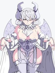 1girl breasts cleavage clothes_lift cowboy_shot curtsey demon_girl demon_horns demon_wings detached_collar detached_sleeves dress dress_lift duel_monster earrings ernieteets frills garter_straps grey_eyes hair_between_eyes highres horns jewelry large_breasts looking_at_viewer lovely_labrynth_of_the_silver_castle medium_hair one_eye_closed parted_lips pelvic_curtain pointy_ears see-through_clothes shiny_skin skindentation solo thick_thighs thighhighs thighs twintails white_hair wide_sleeves wings yu-gi-oh! yu-gi-oh!_master_duel