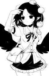 Rule 34 | 1girl, arm up, bag, bird wings, black eyes, black hair, black ribbon, black skirt, black wings, closed mouth, collared shirt, cowboy shot, dress shirt, frilled skirt, frills, greyscale, hat, holding, holding clothes, looking to the side, maguro (mawaru sushi), miniskirt, monochrome, neck ribbon, parted bangs, pointy ears, pom pom (clothes), puffy short sleeves, puffy sleeves, ribbon, shameimaru aya, shirt, short hair, short sleeves, shoulder bag, simple background, skirt, skirt hold, solo, standing, tokin hat, touhou, white background, wings