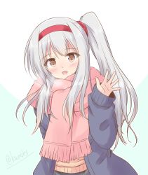 Rule 34 | 1girl, alternate costume, alternate hairstyle, beige sweater, blue coat, breath, brown eyes, coat, headband, highres, kantai collection, long hair, looking at viewer, one-hour drawing challenge, pink scarf, red headband, scarf, shizuna kaede, shoukaku (kancolle), simple background, solo, upper body, waving, white background, white hair, winter clothes