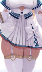 Rule 34 | 1girl, absurdres, blonde hair, bow, bow skirt, breasts, commentary, cutout above navel, dalcom, dark-skinned female, dark skin, garter straps, head out of frame, highres, hololive, long hair, long sleeves, lower body, medium breasts, shiranui flare, shiranui flare (1st costume), simple background, skindentation, skirt, solo, thigh focus, thighhighs, virtual youtuber, white background, white bow, white garter straps, white skirt, white thighhighs