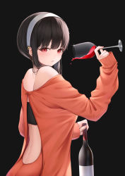 Rule 34 | 1girl, absurdres, back, backless outfit, bare shoulders, black background, black hair, blush, bottle, cup, dress, drinking glass, from side, hairband, hand up, highres, holding, holding bottle, holding cup, long hair, looking at viewer, looking to the side, off-shoulder sweater, off shoulder, parted lips, red eyes, red sweater, revision, sidelocks, sido (ama r007), simple background, solo, spilling, spy x family, sweater, sweater dress, white hairband, wine bottle, wine glass, yor briar