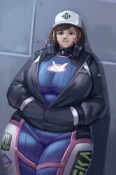 Rule 34 | 1girl, against wall, alternate breast size, alterxsu, animal print, blue bodysuit, bodysuit, breasts, brown eyes, brown hair, cowboy shot, d.va (overwatch), facepaint, facial mark, grey background, hands in pockets, headphones, headphones around neck, highres, large breasts, looking at viewer, overwatch, parted lips, partially unzipped, rabbit print, shadow, solo, swept bangs, thick thighs, thighs, whisker markings