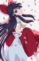 Rule 34 | 1girl, absurdres, ascot, black hair, bow, detached sleeves, falling petals, frilled bow, frilled hair tubes, frills, hair bow, hair tubes, hakurei reimu, highres, long hair, looking at viewer, open mouth, petals, pink petals, red bow, red eyes, red skirt, ribbon-trimmed sleeves, ribbon trim, rin (rin7kan7), skirt, skirt set, solo, touhou, very long hair, yellow ascot