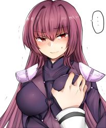 Rule 34 | 1girl, armor, blush, bodysuit, grabbing another&#039;s breast, breasts, fate/grand order, fate (series), grabbing, jirou (tamaho39), large breasts, long hair, looking at viewer, md5 mismatch, out of frame, pauldrons, polearm, pov, pov hands, purple bodysuit, purple hair, red eyes, scathach (fate), shoulder armor, simple background, smile, solo focus, weapon, white background