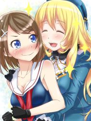 Rule 34 | 10s, 2girls, :d, ^ ^, atago (kancolle), beret, black gloves, blonde hair, blue eyes, blush, breasts, brown hair, closed eyes, closed eyes, female focus, gloves, hair ornament, hand on another&#039;s shoulder, hat, headgear, highres, hug, hug from behind, kantai collection, long hair, ma2da, maya (kancolle), military, military uniform, multiple girls, open mouth, personification, short hair, sleeveless, smile, sparkle, uniform, yuri