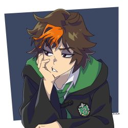 Rule 34 | 1girl, absurdres, annoyed, brown hair, hand on own face, harry potter: hogwarts mystery, harry potter (series), head rest, highres, looking to the side, merula snyde, mikkusushi, multicolored hair, orange hair, slytherin, solo, wizarding world