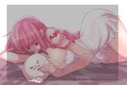 Rule 34 | 1girl, artist request, ass, bare legs, bare shoulders, bat (symbol), bed, breasts, character doll, cleavage, curvy, drill hair, empty eyes, large breasts, long hair, looking down, lying, on bed, one piece, perona, pink hair, shoulder tattoo, simple background, solo, stuffed animal, stuffed toy, tattoo, twitter username, underwear, very long hair