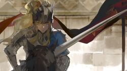 Rule 34 | 1girl, absurdres, arknights, armor, blonde hair, closed mouth, flag, flamenlynn, frown, full armor, helmet, highres, holding, holding polearm, holding weapon, horse, horseback riding, lance, long hair, looking at viewer, nearl (arknights), orange eyes, pauldrons, plate armor, polearm, ponytail, riding, shoulder armor, solo, weapon