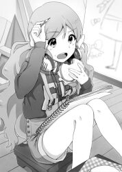 Rule 34 | 1girl, blush stickers, bow, buttons, child&#039;s drawing, commentary request, crumbs, denim, denim shorts, eating, feet out of frame, food, greyscale, hair bow, hand on own head, handa roco, headphones, headphones around neck, holding, holding food, holding pencil, hood, hood down, hoodie, idolmaster, idolmaster million live!, indoors, long hair, long sleeves, looking at object, monochrome, notebook, open mouth, overalls, pencil, raised eyebrow, sandwich, shorts, solo, stool, teeth, upper teeth only, very long hair, wavy hair, witoi (roa), wooden floor
