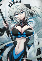 Rule 34 | 1girl, absurdres, black bow, black dress, blue eyes, bow, braid, breasts, center opening, cleavage, dress, fate/grand order, fate (series), french braid, grey hair, hair bow, highres, large breasts, long hair, long sleeves, looking at viewer, morgan le fay (fate), navel, ponytail, sidelocks, solo, spikes, staff, stomach tattoo, tattoo, tiara, toyosu, two-tone dress, very long hair, white dress, wide sleeves