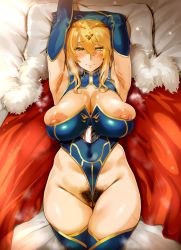 Rule 34 | 1girl, absurdres, armpit stubble, armpits, arms up, artoria pendragon (fate), artoria pendragon (lancer) (fate), blonde hair, breasts, cape, cleavage, cleft of venus, crown, detached sleeves, excessive pubic hair, fate/grand order, fate (series), female pubic hair, heattech leotard, hero neisan, highres, huge filesize, huge nipples, large areolae, large breasts, leotard, long hair, lying, mature female, nipples, on back, on bed, pillow, presenting armpit, pubic hair, red cape, solo, thick thighs, thighhighs, thighs, turtleneck, wedgie