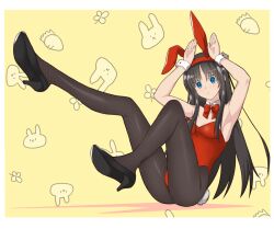 Rule 34 | 1girl, alternate costume, animal ears, armpits, arms up, black footwear, black hair, black pantyhose, blue eyes, bow, bowtie, breasts, closed mouth, commentary request, detached collar, fake animal ears, fake tail, fishnet pantyhose, fishnets, high heels, hirakawa, leotard, looking at viewer, pantyhose, playboy bunny, rabbit ears, rabbit pose, rabbit tail, red bow, red bowtie, red leotard, sitting, small breasts, solo, strapless, strapless leotard, tail, tohno akiha, tsukihime, wrist cuffs