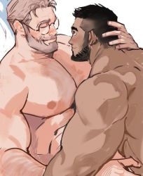 Rule 34 | 2boys, bara, beard, blush, chest hair, completely nude, couple, dark-skinned male, dark skin, dopey (dopq), facial hair, from side, glasses, hand on another&#039;s head, highres, interracial, large pectorals, light brown hair, looking at another, male focus, mature male, multiple boys, muscular, muscular male, mustache, nipples, nude, old, old man, original, pectorals, round eyewear, short hair, stomach, upper body, yaoi