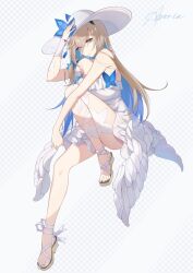 Rule 34 | 1girl, aponia (honkai impact), aponia (mesmerizing blue), arm up, bare shoulders, blue eyes, blue hair, blue nails, brown footwear, brown hair, bug, butterfly, closed mouth, commentary request, dress, eyes visible through hair, feathered wings, feet, frilled dress, frills, full body, grey background, hair over one eye, hand on headwear, highres, honkai (series), honkai impact 3rd, insect, knee up, legs, long hair, low wings, multicolored hair, nail polish, sandals, signature, sitting, sleeveless, sleeveless dress, solo, strappy heels, toenail polish, toenails, toes, two-tone hair, very long hair, white dress, white headwear, white wings, wings, yuking-