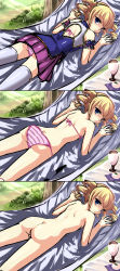 Rule 34 | 1girl, ass, back cutout, blonde hair, blue eyes, clothing cutout, drill hair, highres, koihime musou, looking back, lying, multiple views, nude, on stomach, open mouth, panties, pussy, shin koihime musou, sousou (koihime musou), striped, uncensored, underwear, underwear only, yagami (mukage)