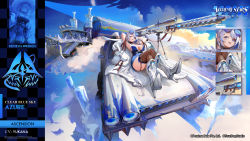 Rule 34 | 1girl, alchemy stars, azure (alchemy stars), bare shoulders, belt, blue eyes, blue hair, boots, breasts, car, cleavage, cloud, cloudy sky, coat, cowboy hat, dress, fur-trimmed jacket, fur trim, gun, hat, heels, highres, jacket, large breasts, looking at viewer, motor vehicle, multicolored hair, official art, open clothes, open coat, rifle, short dress, sky, sleeves past wrists, sniper rifle, sunglasses, sunglasses on head, thighhighs, thighs, truck, weapon, white hair