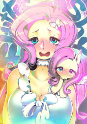 Rule 34 | 1girl, bare shoulders, blue eyes, blush, breasts, butterfly hair ornament, character name, choker, cleavage, colored skin, dress, embarrassed, eyelashes, fluttershy, hair ornament, hakkasame, highres, long hair, looking at viewer, my little pony, my little pony: friendship is magic, open mouth, pink hair, pony (animal), solo, white dress, yellow skin
