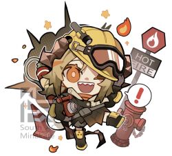Rule 34 | 1girl, arknights, black dress, black footwear, blonde hair, boots, chibi, dress, fire, fire extinguisher, fire hydrant, gloves, grey gloves, horns, ifrit (arknights), long sleeves, one eye closed, open mouth, road sign, sharp teeth, short twintails, sign, simple background, smile, solo, south ac, standing, standing on one leg, stop sign, teeth, traffic cone, twintails, white background